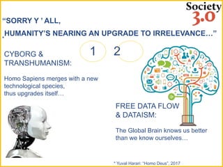 “SORRY Y ’ ALL,
HUMANITY’S NEARING AN UPGRADE TO IRRELEVANCE…”
*
* Yuval Harari: “Homo Deus”, 2017
CYBORG &
TRANSHUMANISM:
Homo Sapiens merges with a new
technological species,
thus upgrades itself…
FREE DATA FLOW
& DATAISM:
The Global Brain knows us better
than we know ourselves…
1 2
 