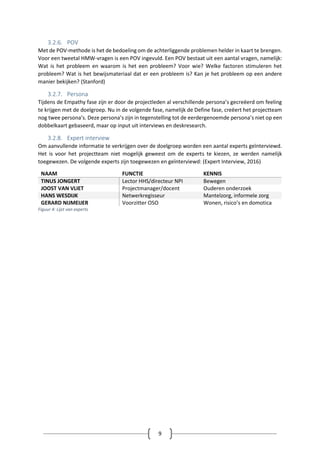 9
3.2.6. POV
Met de POV-methode is het de bedoeling om de achterliggende problemen helder in kaart te brengen.
Voor een tweetal HMW-vragen is een POV ingevuld. Een POV bestaat uit een aantal vragen, namelijk:
Wat is het probleem en waarom is het een probleem? Voor wie? Welke factoren stimuleren het
probleem? Wat is het bewijsmateriaal dat er een probleem is? Kan je het probleem op een andere
manier bekijken? (Stanford)
3.2.7. Persona
Tijdens de Empathy fase zijn er door de projectleden al verschillende persona’s gecreëerd om feeling
te krijgen met de doelgroep. Nu in de volgende fase, namelijk de Define fase, creëert het projectteam
nog twee persona’s. Deze persona’s zijn in tegenstelling tot de eerdergenoemde persona’s niet op een
dobbelkaart gebaseerd, maar op input uit interviews en deskresearch.
3.2.8. Expert interview
Om aanvullende informatie te verkrijgen over de doelgroep worden een aantal experts geïnterviewd.
Het is voor het projectteam niet mogelijk geweest om de experts te kiezen, ze werden namelijk
toegewezen. De volgende experts zijn toegewezen en geïnterviewd: (Expert Interview, 2016)
NAAM FUNCTIE KENNIS
TINUS JONGERT Lector HHS/directeur NPI Bewegen
JOOST VAN VLIET Projectmanager/docent Ouderen onderzoek
HANS WESDIJK Netwerkregisseur Mantelzorg, informele zorg
GERARD NIJMEIJER Voorzitter OSO Wonen, risico’s en domotica
Figuur 4: Lijst van experts
 