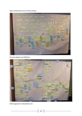 113
Muur na brainstorm en 6-3-5 brain writing:
Van losse ideeën naar COCD box:
COCD uitgewerkt in tekst/tabel vorm:
 