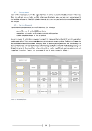 26
4.5. Ecosysteem
Voor verder onderzoek van het idee is gekeken naar de service blueprint en het business model canvas.
Deze zijn gebruikt om een beter beeld te krijgen van de situatie waar naartoe moet worden gewerkt
om het idee te lanceren. Daarbij is gekeken naar de processen en naar het business model wat past bij
het concept.
4.5.1. Service Blueprint
De service blueprint toont de processen die nodig zijn, namelijk:
- Aanmelden van de patiënt bij binnenkomst
- Begeleiden van patiënt bij de bewegingsonderdelen/spellen
- Patiënt roepen wanneer hij aan de beurt is
Verder is er voor de patiënt een nieuwe ervaring als hij in de wachtkamer komt. Hij kan niet gaan zitten
en iets voor zichzelf doen, maar moet kiezen tussen bewegen of een spelletje. De klant ondergaat dus
een andere klantreis dan voorheen. Belangrijk is dat er rekening wordt gehouden met het ontwerp van
de wachtkamer dat het voor de klant een schok kan zijn als hij binnenkomt. Mede de begeleiding van
de patiënt vanaf de deur moet hem helpen zich veilig te voelen in de kliniek, zoals de gastvrouw in het
Lange land ziekenhuis. Zie voor een grotere versie van de service blueprint Bijlage P.
Figuur 19: Service blueprint
 