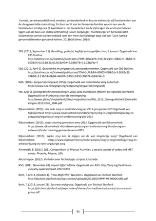80
Contact, verantwoordelijkheid, emoties, verbondenheid en keuzes maken zijn vijf fundamenten van
de diepgewortelde mantelzorg. Ze doen recht aan het leven van families waarin een van de
familieleden ernstig ziek of kwetsbaar is. De bouwstenen en de vijf vragen die eruit voortvloeien
liggen aan de basis van iedere ontmoeting tussen zorgvrager, mantelzorger en beroepskracht.
Gezamenlijk vormen zij een leidraad voor een meer evenwichtige zorg, ook wel ‘Care Justitia’
genoemd (Beneken genaamd Kolmer, 2011b) (Kolmer, 2014)
CBS. (2015, September 11). Bevolking; geslacht, leeftijd en burgerlijke staat, 1 januari. Opgehaald van
CBS Statline:
http://statline.cbs.nl/StatWeb/publication/?DM=SLNL&PA=7461BEV&D1=0&D2=1-2&D3=0-
100&D4=0,10,20,30,40,50,l&HDR=T,G3&STB=G1,G2&VW=T
CBS. (2016, April 5). Gezondheid en zorggebruik; persoonskenmerken. Opgehaald van CBS Statline:
http://statline.cbs.nl/Statweb/publication/?DM=SLNL&PA=83005NED&D1=3-28%2c33-
38&D2=3-13&D3=0&D4=l&HDR=G2%2cG3%2cT&STB=G1&VW=D
NZA. (2006). Zorgverzekeringswet (ZVW). Opgehaald van Nederlandse Zorg Autoriteit:
https://www.nza.nl/regelgeving/wetgeving/zorgverzekeringswet/
PBL. (2015). Demografische ontwikkelingen 2010-2040 Ruimtelijke effecten en regionale diversiteit.
Opgehaald van Planbureau voor de leefomgeving:
http://www.pbl.nl/sites/default/files/cms/publicaties/PBL_2013_Demografische%20ontwikk
elingen-2010-2040_1044.pdf
Rijksoverheid. (2015). Hoe is de zorg en ondersteuning per 2015 georganiseerd? Opgehaald van
Rijksoverheid: https://www.rijksoverheid.nl/onderwerpen/zorg-in-zorginstelling/vraag-en-
antwoord/organisatie-zorg-en-ondersteuning-per-2015
Rijksoverheid. (2015). ondersteuning gemeente wmo 2015. Opgehaald van Rijksoverheid:
https://www.rijksoverheid.nl/onderwerpen/zorg-en-ondersteuning-thuis/vraag-en-
antwoord/ondersteuning-gemeente-wmo-2015
Rijksoverheid. (2015). Welke zorg kan ik krijgen via de wet langdurige zorg? Opgehaald van
Rijksoverheid: https://www.rijksoverheid.nl/onderwerpen/zorg-in-zorginstelling/vraag-en-
antwoord/zorg-via-wet-langdurige-zorg
Ainsworth, B. (2011). 2011 Compendium of Physical Activities: a second update of codes and MET
values. Phoenix, Arizone, USA.
Alicia!Hoppe. (2013). Verhalen over Technologie. scriptie, Enschede.
ASQ. (2011, November 28). Impact Effort Matrix. Opgehaald van ASQ: http://asq.org/healthcare-
use/why-quality/impact-effort.html
Both, T. (2011, Oktober 4). "How Might We" Quesitons. Opgehaald van dschool stanford:
http://dschool.stanford.edu/wp-content/uploads/2012/05/HMW-METHODCARD.pdf
Both, T. (2014, Januari 28). Saturate and group. Opgehaald van Dschool Stanford:
https://dschool.stanford.edu/wp-content/themes/dschool/method-cards/saturate-and-
group.pdf
 