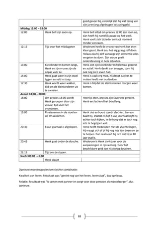 88
goed gevoel bij, eindelijk ziet hij wat terug van
zijn jarenlang afgedragen belastinggeld.
Middag 12:00 – 18:00
12:00 Henk belt zijn zoon op. Henk belt altijd om precies 12:00 zijn zoon op,
dan heeft hij namelijk pauze op het werk.
Henk voelt zich bij ieder contact moment
minder eenzaam.
12:15 Tijd voor het middageten Wederom heeft de vrouw van Henk het eten
klaar gezet, Henk zou het erg graag zelf doen.
Helaas zou hij zelf vanwege zijn dementie alles
vergeten te doen. Zijn vrouw geeft
ondersteuning in deze situaties.
13:00 Kleinkinderen komen langs,
Henk en zijn vrouw zijn de
oppas voor ze.
Henk ziet zijn kleinkinderen helemaal gezond
en actief. Henk denkt aan vroeger, toen hij
ook nog zo’n leven had.
15:00 Henk gaat weer in zijn stoel
liggen en valt in slaap.
Henk is vaak erg moe, hij denkt dat het te
maken heeft met ouderdom.
17:30 Henk wordt weer wakker,
tijd om de kleinkinderen uit
te zwaaien.
Henk is blij dat de kleinkinderen morgen weer
komen.
Avond 18:00 – 00:00
18:00 Om precies 18:00 wordt
Henk geroepen door zijn
vrouw, tijd voor het
avondeten.
Heerlijk eten, precies zijn favoriete gerecht.
Henk eet lachend het bord leeg.
19:00 Plaatsnemen in de stoel en
de TV aanzetten.
Henk ziet en hoort steeds slechter, hiervan
baalt hij. DWDD en het 8 uur journaal blijft hij
echter toch kijken, in de hoop dat er toch nog
iets te begrijpen valt.
20:30 8 uur journaal is afgelopen. Henk heeft medelijden met de vluchtelingen,
hij vraagt zich af of hij nog iets kan doen om ze
te helpen. Dan realiseert hij zich dat hij al 80
jaar oud is.
20:45 Henk gaat onder de douche. Wederom is Henk dankbaar voor de
aanpassingen in zijn woning. Door het
beschikbare geld kan hij alsnog douchen.
21:15 Tijd om de slapen.
Nacht 00:00 – 6:00
Henk slaapt
Opnieuw moeten gooien ivm slechte combinatie:
Kwaliteit van leven: Resultaat was “geniet nog van het leven, levenslust”, dus opnieuw.
Relatie: Resultaat was “Is samen met partner en zorgt voor deze persoon als mantelzorger”, dus
opnieuw.
 