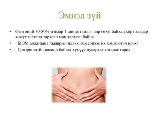 Эмнэл зүй
• Өвчтөний 70-80%-д ямар 1 шинж тэмдэг илрээгүй байхад хорт хавдар
хожуу шатанд тархсан мөн тархсан байна.
• БЮМ алдагдана /дааврын идэвх ихэссэнээс их хэмжээтэй ирэх/
• Цэвэршилтйн насанд байгаа хүмүүс цусархаг ялгадас гарна
 