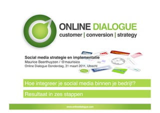 Social media strategie en implementatie!
Maurice Beerthuyzen / @maurisico!
Online Dialogue Donderdag, 31 maart 2011, Utrecht!




Hoe integreer je social media binnen je bedrijf? !

Resultaat in zes stappen!
 