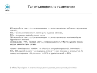 46% врачей считают, что телемедицинские технологии помогают наблюдать хронически
больных,
39% — позволяют экономить время врача и деньги клиники,
26% — повышают квалификацию врача,
24% врачей считают, что телемедицинские технологии помогают назначать более
эффективное лечение,
Большинство (73%) считает, что телемедицина помогает быстро узнать мнение
коллег о конкретном случае.
Узнали о телемедицине из СМИ 51% врачей, из специализированной литературы —
36%. 20% врачей знают о телемедицине, потому что в их клинике ее используют. Из
университета узнали 18%, от коллег — 18%, от руководителей — 11%.
Телемедицинские технологии
© ONDOC. Опрос врачей об информатизации, телемедицине и дистанционной диагностике
 
