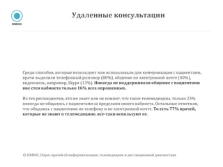 Среди способов, которые используют или использовали для коммуникации с пациентами,
врачи выделили телефонный разговор (80%), общение по электронной почте (40%),
видеосвязь, например, Skype (13%). Никогда не поддерживали общение с пациентами
вне стен кабинета только 16% всех опрошенных.
Из тех респондентов, кто не знает или не помнит, что такое телемедицина, только 23%
никогда не общались с пациентами за пределами своего кабинета. Остальные отметили,
что общались с пациентами по телефону и по электронной почте. То есть 77% врачей,
которые не знают о телемедицине, все-таки используют ее.
Удаленные консультации
© ONDOC. Опрос врачей об информатизации, телемедицине и дистанционной диагностике
 