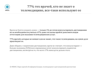 Врачи не боятся узнавать новое — только 1% не готов консультировать дистанционно
из-за необходимости учиться. 67% даже согласны пройти дополнительную
аттестацию для оказания телемедицинских услуг.
77% врачей, которые не помнят или не знают, что такое телемедицина, на самом деле
практикуют ее.
Даже общаясь с пациентами дистанционно, врачи не считают, что консультируют —
больше половины (54%) всех опрошенных хотят консультировать пациентов
дистанционно, несмотря на то, что всего 17% никогда не делали этого.
77% тех врачей, кто не знает о
телемедицине, все-таки используют ее
© ONDOC. Опрос врачей об информатизации, телемедицине и дистанционной диагностике
 
