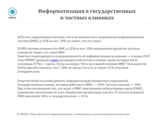65% всех опрошенных ответили, что в их клинике есть медицинская информационная
система (МИС), в 25% ее нет, 10% не знают, что это такое.
В 58% частных клиник есть МИС, в 32% ее нет, 10% опрошенных врачей из частных
клиник не знают, что такое МИС.
Заметна тенденция роста осведомленности об информатизации в клинике — в конце 2015
года ONDOC проводил опрос руководителей частных клиник, среди которых более
половины (57%) — врачи. Тогда на вопрос “Есть ли в вашей клинике МИС” большинство
(41%) врачей ответили “нет”, 28% не знали, что это, и только 31% ответили
утвердительно.
Отметим более высокий уровень информатизации бюджетных учреждений.
Государственных клиник, которые работают в МИС, — 69%. Частных меньше — 58%.
При этом соотношение тех, кто ведет в МИС электронную амбулаторную карту (ЭМК),
одинаковое, независимо от того, бюджетная организация или нет. В частных клиниках
ЭМК заполняют 44%, в государственных — 41%.
© ONDOC. Опрос врачей об информатизации, телемедицине и дистанционной диагностике
Информатизация в государственных
и частных клиниках
 