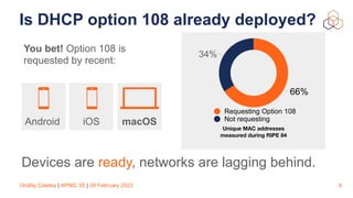 Ondřej Caletka | APNIC 55 | 28 February 2023
Is DHCP option 108 already deployed?
9
Devices are ready, networks are lagging behind.
You bet! Option 108 is
requested by recent:
34%
66%
Requesting Option 108
Not requesting
Unique MAC addresses
measured during RIPE 84
Android iOS macOS
 