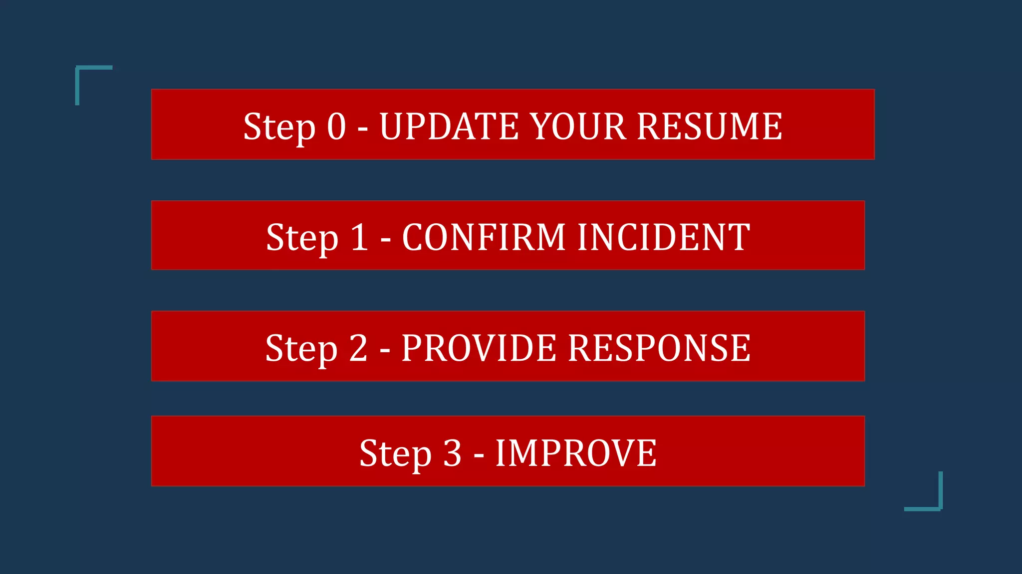 Step 0 - UPDATE YOUR RESUME
Step 1 - CONFIRM INCIDENT
Step 2 - PROVIDE RESPONSE
Step 3 - IMPROVE
 