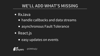 WE'LL	ADD	WHAT'S	MISSING
RxJava
handle	callbacks	and	data	streams
asynchronous	Fault	Tolerance
React.js
easy	updates	on	events
	@OMihalyi
 