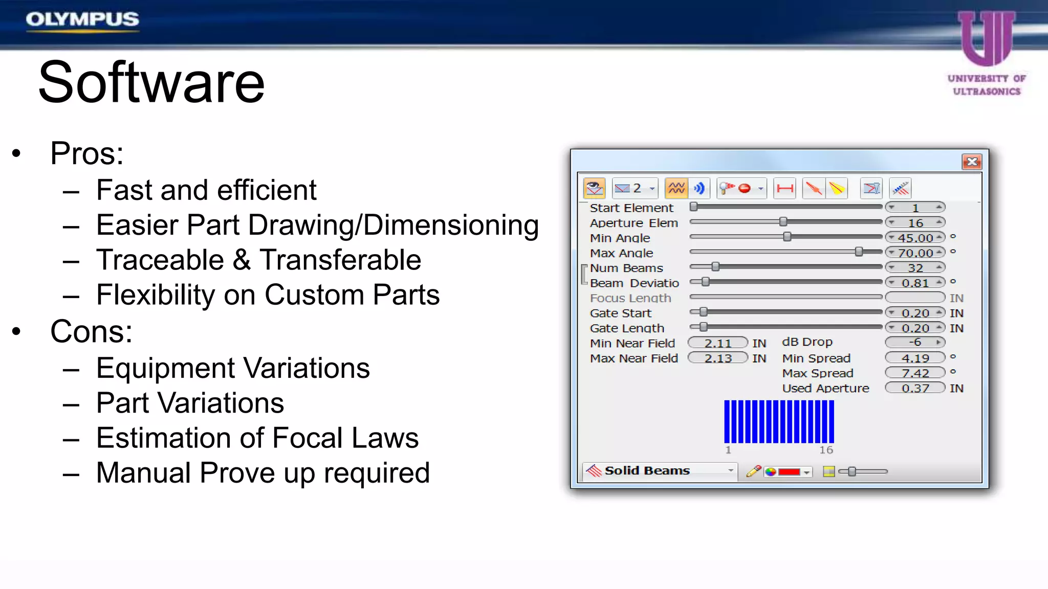 • Pros:
– Fast and efficient
– Easier Part Drawing/Dimensioning
– Traceable & Transferable
– Flexibility on Custom Parts
• Cons:
– Equipment Variations
– Part Variations
– Estimation of Focal Laws
– Manual Prove up required
Software
 