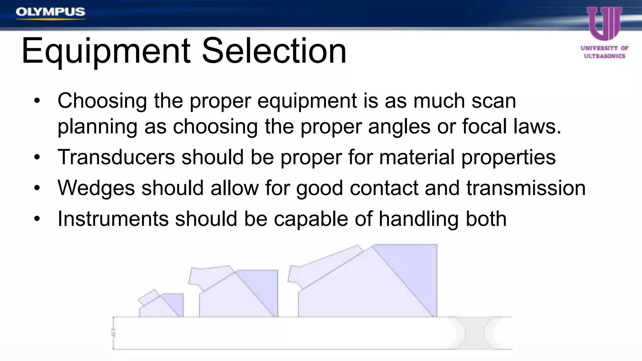 • Choosing the proper equipment is as much scan
planning as choosing the proper angles or focal laws.
• Transducers should be proper for material properties
• Wedges should allow for good contact and transmission
• Instruments should be capable of handling both
Equipment Selection
 
