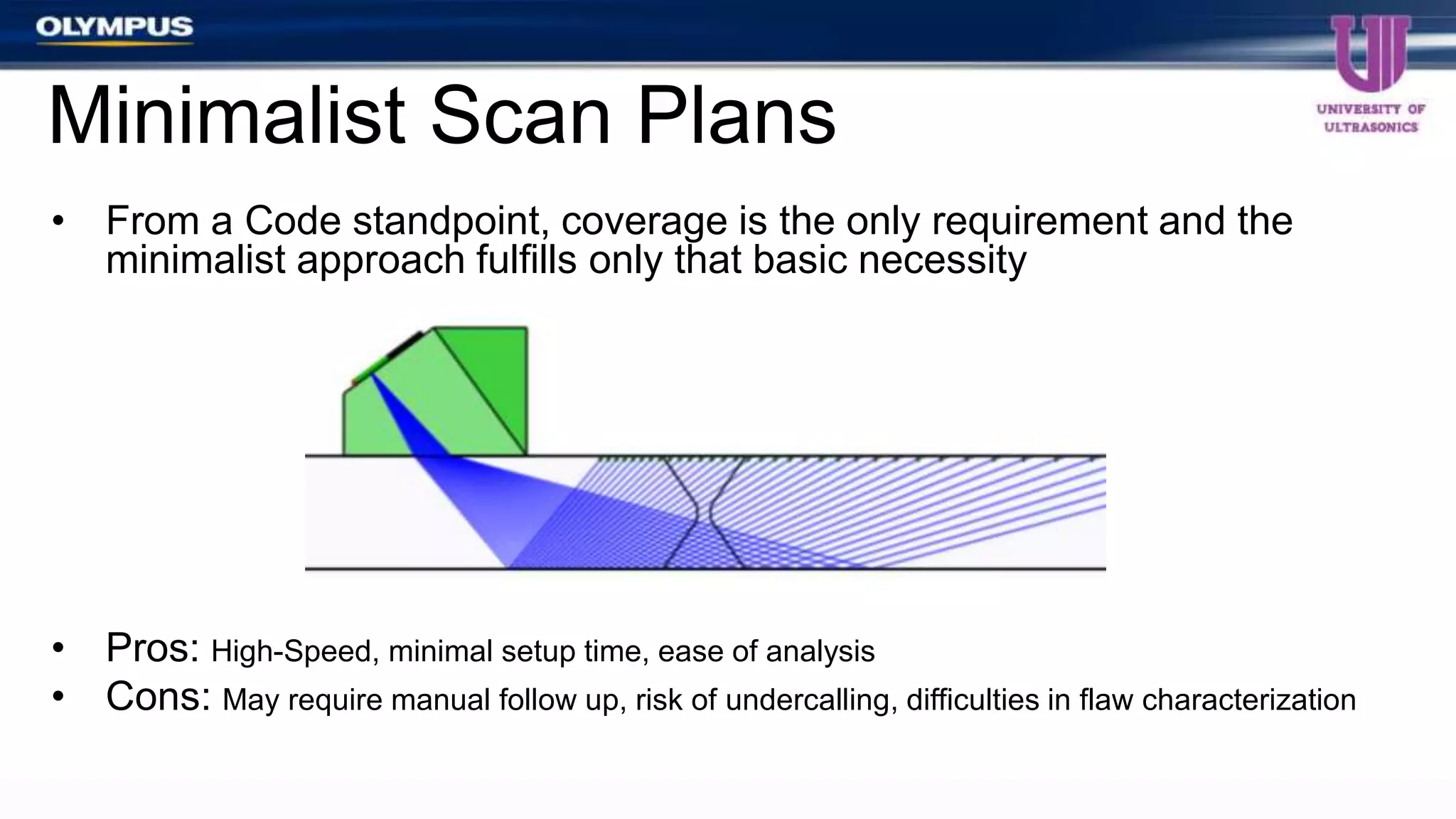 • From a Code standpoint, coverage is the only requirement and the
minimalist approach fulfills only that basic necessity
• Pros: High-Speed, minimal setup time, ease of analysis
• Cons: May require manual follow up, risk of undercalling, difficulties in flaw characterization
Minimalist Scan Plans
 