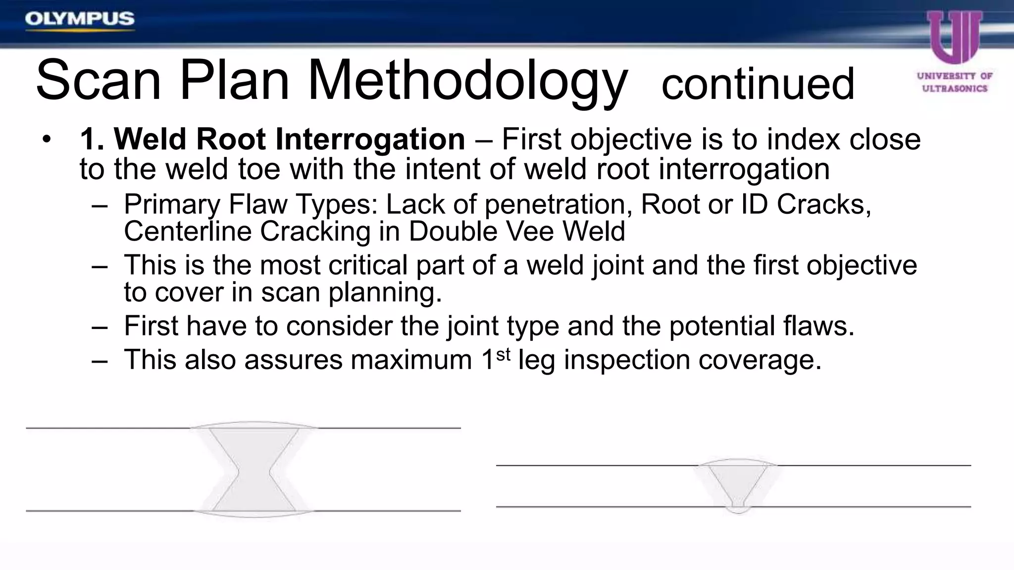 • 1. Weld Root Interrogation – First objective is to index close
to the weld toe with the intent of weld root interrogation
– Primary Flaw Types: Lack of penetration, Root or ID Cracks,
Centerline Cracking in Double Vee Weld
– This is the most critical part of a weld joint and the first objective
to cover in scan planning.
– First have to consider the joint type and the potential flaws.
– This also assures maximum 1st leg inspection coverage.
Scan Plan Methodology continued
 