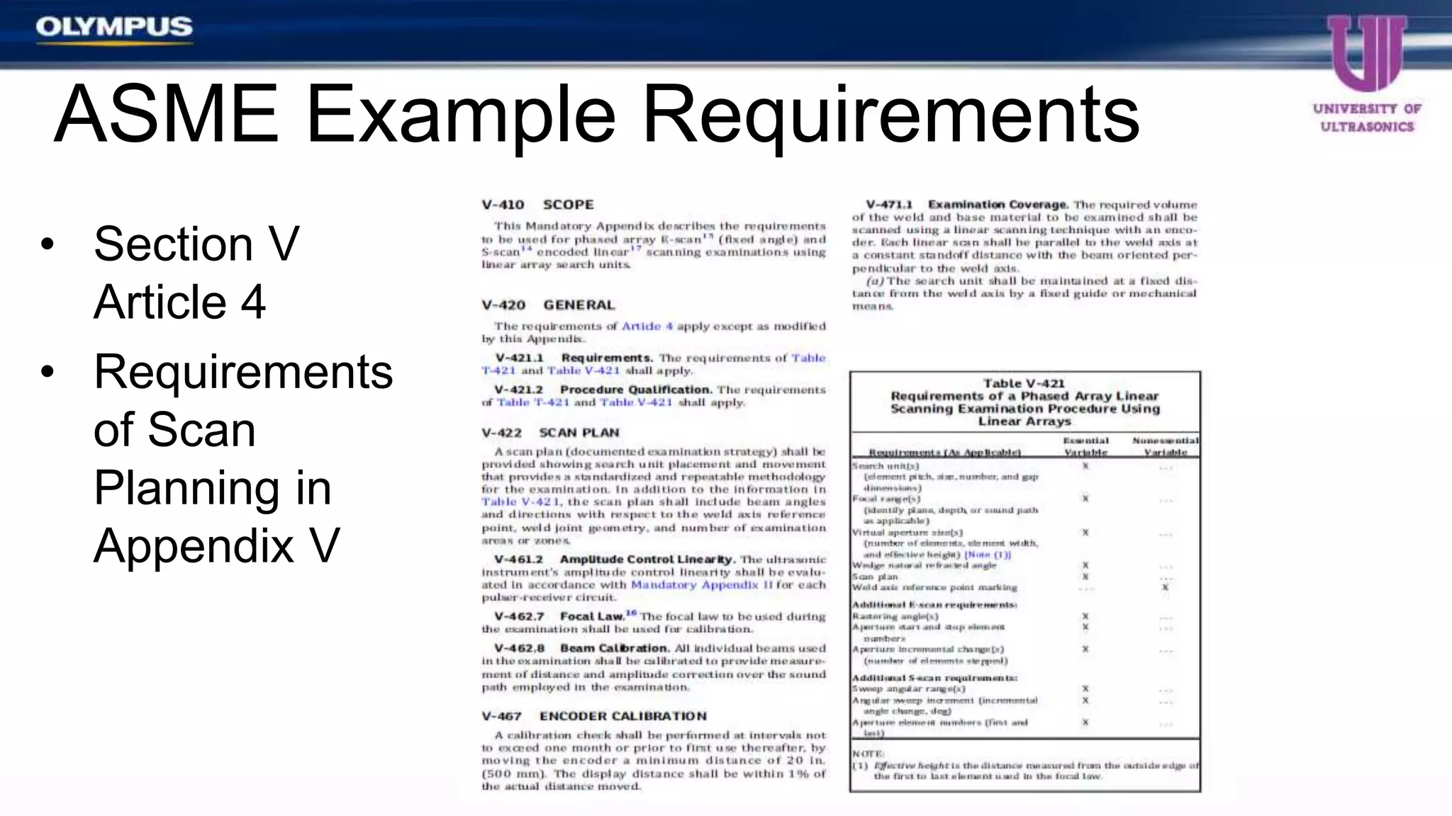 ASME Example Requirements
• Section V
Article 4
• Requirements
of Scan
Planning in
Appendix V
 