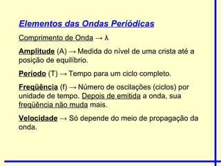 Elementos das Ondas Periódicas Comprimento de Onda  ->  λ Amplitude  (A) ->   Medida do nível de uma crista até a posição de equilíbrio. Período  (T) ->   Tempo para um ciclo completo. Freqüência  (f) ->   Número de oscilações (ciclos) por unidade de tempo.  Depois de emitida  a onda, sua  freqüência não muda  mais. Velocidade  -> Só depende do meio de propagação da onda.  