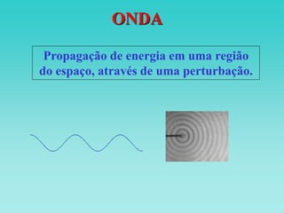 ONDA
Propagação de energia em uma região
do espaço, através de uma perturbação.
 