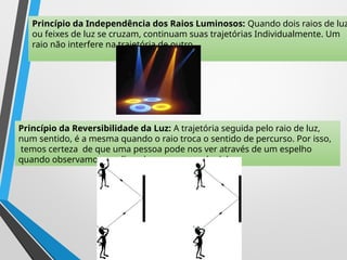 Princípio da Independência dos Raios Luminosos: Quando dois raios de luz
ou feixes de luz se cruzam, continuam suas trajetórias Individualmente. Um
raio não interfere na trajetória de outro.
Princípio da Reversibilidade da Luz: A trajetória seguida pelo raio de luz,
num sentido, é a mesma quando o raio troca o sentido de percurso. Por isso,
temos certeza de que uma pessoa pode nos ver através de um espelho
quando observamos os olhos da pessoa através dele.
 