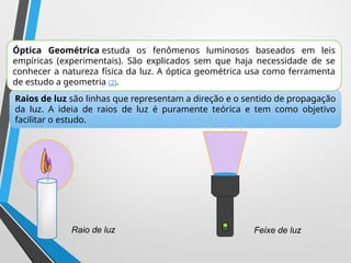 Raios de luz são linhas que representam a direção e o sentido de propagação
da luz. A ideia de raios de luz é puramente teórica e tem como objetivo
facilitar o estudo.
Óptica Geométrica estuda os fenômenos luminosos baseados em leis
empíricas (experimentais). São explicados sem que haja necessidade de se
conhecer a natureza física da luz. A óptica geométrica usa como ferramenta
de estudo a geometria (2).
Raio de luz Feixe de luz
 