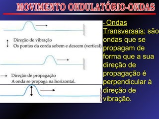 MOVIMENTO ONDULATÓRIO-ONDAS -  Ondas Transversais:  são ondas que se propagam de forma que a sua direção de propagação é perpendicular à direção de vibração.  