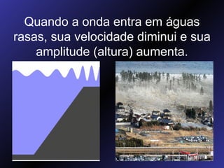 Quando a onda entra em águas rasas, sua velocidade diminui e sua amplitude (altura) aumenta. 