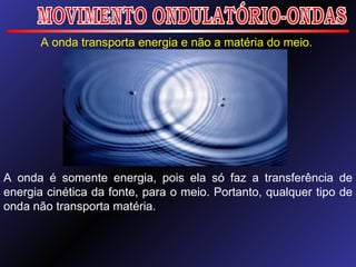 MOVIMENTO ONDULATÓRIO-ONDAS A onda transporta energia e não a matéria do meio. A onda é somente energia, pois ela só faz a transferência de energia cinética da fonte, para o meio. Portanto, qualquer tipo de onda não transporta matéria. 