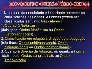 MOVIMENTO ONDULATÓRIO-ONDAS No estudo da ondulatória é importante entender as classificações das ondas. As ondas podem ser classificadas seguindo  três critérios : 1.  Quanto à Natureza  (dois tipos:  Ondas Mecânicas  ou  Ondas Eletromagnéticas ) 2.  Classificação em relação à direção de propagação ( três tipos:   Ondas unidimensionais ,  Ondas bidimensionais  ou  Ondas   tridimensionais ) 3. Quanto à  Direção de Vibração  ou quanto à  Forma : (dois tipos:   Ondas Longitudinais  ou  Ondas Transversais) 