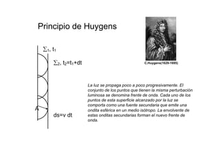 Principio de Huygens
C.Huygens(1629-1695)
ptica 1
a partir de la superficie de onda 1 en el instante t1, la
en el intante siguiente t2=t1+dt, necesitamos trazar, en cada
esfera de centro A y radio la duración de propagación de la
te dt. Indicar que ds será la distancia recorrida por la onda
a la velocidad de propagación v de forma que : ds=v dt.
1, t1
2, t2=t1+dt
A
ds=v dt
La luz se propaga poco a poco progresivamente. El
conjunto de los puntos que tienen la misma perturbación
luminosa se denomina frente de onda. Cada uno de los
puntos de esta superficie alcanzado por la luz se
comporta como una fuente secundaria que emite una
ondita esférica en un medio isótropo. La envolvente de
estas onditas secundarias forman el nuevo frente de
onda.
 