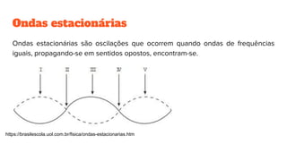 Ondas estacionárias
Ondas estacionárias são oscilações que ocorrem quando ondas de frequências
iguais, propagando-se em sentidos opostos, encontram-se.
https://brasilescola.uol.com.br/fisica/ondas-estacionarias.htm
 