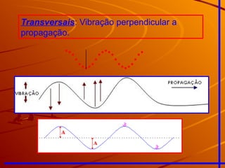 Transversais: Vibração perpendicular a
propagação.
 