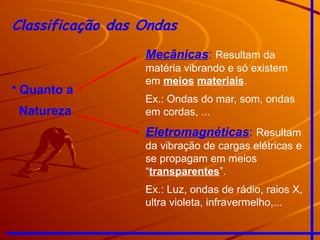 Classificação das Ondas
• Quanto a
Natureza
Mecânicas: Resultam da
matéria vibrando e só existem
em meios materiais.
Ex.: Ondas do mar, som, ondas
em cordas, ...
Eletromagnéticas: Resultam
da vibração de cargas elétricas e
se propagam em meios
“transparentes”.
Ex.: Luz, ondas de rádio, raios X,
ultra violeta, infravermelho,...
 
