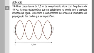 15- A figura representa dois pulsos propagando-se num mesmo meio e em
sentidos opostos. Eles superpõem-se no ponto P desse meio. Qual é o
deslocamento do ponto P no instante da superposição? Analise os casos
a), b) e c).
 