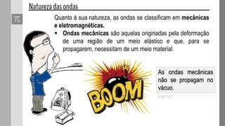 As ondas mecânicas
não se propagam no
vácuo.
Quanto à sua natureza, as ondas se classificam em mecânicas
e eletromagnéticas.
 Ondas mecânicas são aquelas originadas pela deformação
de uma região de um meio elástico e que, para se
propagarem, necessitam de um meio material.
 
