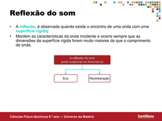 Ciências Fisico-Químicas 8.º ano — Universo da Matéria
Reflexão do som
• A reflexão, é observada quando existe o encontro de uma onda com uma
superfície rígida;
• Mantém as características da onda incidente e ocorre sempre que as
dimensões da superfície rígida forem muito maiores do que o comprimento
de onda.
A reflexão do som
pode ocasionar os fenómenos
Eco Reverberação
 