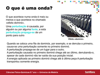 Ciências Fisico-Químicas 8.º ano — Universo da Matéria
O que é uma onda?
O que acontece numa onda é mais ou
menos o que acontece no chamado
«efeito dominó».
Uma perturbação é causada, por
alguém ou por alguma fonte, e esta
perturbação propaga-se de um
ponto para outro
Efeito «dominó»
Quando se coloca uma fila de dominós, por exemplo, e se derruba o primeiro,
causa-se uma perturbação somente no primeiro dominó.
A perturbação propaga-se de um lugar para o outro.
A perturbação causada no primeiro dominó chega até ao último, derrubando-o,
apesar de cada dominó não ter saído da sua posição inicial.
A energia aplicada ao primeiro dominó chega até à última peça A perturbação
transportou somente energia.
 