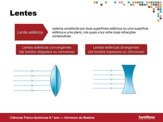 Ciências Fisico-Químicas 8.º ano — Universo da Matéria
Lentes
Lente esférica
sistema constituído por duas superfícies esféricos ou uma superfície
esférica e uma plano, nos quais a luz sofre duas refracções
consecutivas.
Lentes esféricas convergentes
(de bordos delgados ou convexas)
Lentes esféricas divergentes
(de bordos espessos ou côncavas)
 