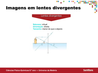 Ciências Fisico-Químicas 8.º ano — Universo da Matéria
Imagens em lentes divergentes
Lentes divergentes
Natureza: virtual
Orientação: direita
Tamanho: menor do que o objecto
 