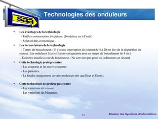 Technologies des onduleurs

   Les avantages de la technologie
      - Faible consommation électrique. (l'onduleur est à l'arrêt)
      - Solution très économique .
   Les inconvénients de la technologie
      - Temps de basculement. ( Il y a une interruption de courant de 4 à 20 ms lors de la disparition du
    secteur. Les onduleurs Ecus et Eaton sont garantis pour un temps de basculement de 4 ms.)
     - Doit être installé à coté de l'ordinateur. (Ne convient pas pour les ordinateurs en réseau)
   Cette technologie protège contre
      - Les coupures et les micro-coupures.
      - Les parasites.
      - La foudre (uniquement certains onduleurs tels que Ecus et Eaton).

   Cette technologie ne protège pas contre
     - Les variations de tension.
     - Les variations de fréquence.




                                                       14                     Division des Systèmes d’Informations
 