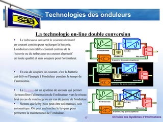 Technologies des onduleurs


                 La technologie on-line double conversion
 Le redresseur convertit le courant alternatif
en courant continu pour recharger la batterie.
L'onduleur convertit le courant continu de la
 batterie ou du redresseur en courant alternatif
de haute qualité et sans coupure pour l'ordinateur.



 En cas de coupure de courant, c'est la batterie
qui délivre l'énergie à l'onduleur pendant le temps de
l’autonomie.

 Le by-pass est un système de secours qui permet
 de transférer l'alimentation de l'ordinateur vers le réseau
brut en cas de surcharge ou en cas de panne de l'onduleur.
 Notons que le by-pass peut-être soit manuel, soit
automatique. On peut enclencher le by-pass pour
permettre la maintenance de l’onduleur.
                                                         17    Division des Systèmes d’Informations
 