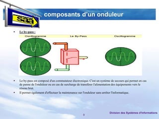 composants d’un onduleur

   Le by-pass :




   Le by-pass est composé d'un commutateur électronique. C'est un système de secours qui permet en cas
    de panne de l'onduleur ou en cas de surcharge de transférer l'alimentation des équipements vers le
    réseau brut.
   Il permet également d'effectuer la maintenance sur l'onduleur sans arrêter l'informatique.




                                                                          Division des Systèmes d’Informations
                                                     9
 