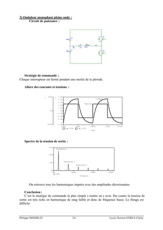 Philippe MISSIRLIU 2/6 Lycée Newton-ENREA Clichy
3) Onduleur monophasé pleine onde :
Circuit de puissance :
Stratégie de commande :
Chaque interrupteur est fermé pendant une moitié de la période.
Allure des courants et tensions :
Time
80ms 90ms 100ms 110ms 120ms
1 V(CH) 2 I(CH)
-200V
0V
200V
1
-5.0A
-3.0A
-2.0A
-1.0A
0A
1.0A
2.0A
3.0A
4.0A
5.0A
2
>>
COURANT
TENSION
Spectre de la tension de sortie :
Frequency
0Hz 200Hz 400Hz 600Hz
V(CH)
0V
50V
100V
147V
Harmonique 5
Harmonique 3
Fondamental
On retrouve tous les harmoniques impairs avec des amplitudes décroissantes.
Conclusion:
C’est la stratégie de commande la plus simple à mettre en œ uvre. Par contre la tension de
sortie est très riche en harmonique de rang faible et donc de fréquence basse. Le fitrage est
difficile.
 