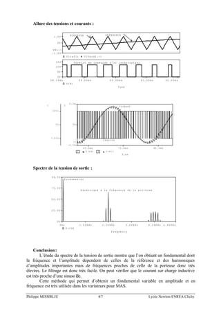 Philippe MISSIRLIU 4/7 Lycée Newton-ENREA Clichy
Allure des tensions et courants :
Time
59.00ms 60.00ms 61.00ms 62.00ms58.29ms
V(R)
0V
5V
10V
15V Tension de commande d'un interrupteur
V(ref1) V(Vmod1:+)
0V
1.0V
-1.6V
SEL>>
REFERENCEPORTEUSE
Time
60.0ms 70.0ms 80.0ms
1 V(CH) 2 I(R1)
-100s
0s
100s
1
-4.0A
0A
4.0A
2
>>
TENSION
COURANT
Spectre de la tension de sortie :
Frequency
0Hz 1.00KHz 2.00KHz 3.00KHz 4.00KHz 4.92KHz
V(CH)
0V
25.0V
50.0V
75.0V
99.5V
Harmonique à la fréquence de la porteuse
Fondamental
Conclusion:
L’étude du spectre de la tension de sortie montre que l’on obtient un fondamental dont
la fréquence et l’amplitude dépendent de celles de la référence et des harmoniques
d’amplitudes importantes mais de fréquences proches de celle de la porteuse donc très
élevées. Le filtrage est donc très facile. On peut vérifier que le courant sur charge inductive
est très proche d’une sinusoïde.
Cette méthode qui permet d’obtenir un fondamental variable en amplitude et en
fréquence est très utilisée dans les variateurs pour MAS.
 
