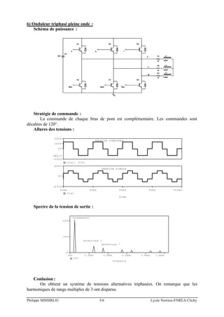 Philippe MISSIRLIU 5/6 Lycée Newton-ENREA Clichy
6) Onduleur triphasé pleine onde :
Schéma de puissance :
Stratégie de commande :
La commande de chaque bras de pont est complémentaire. Les commandes sont
décalées de 120°.
Allures des tensions :
Time
20ms 40ms 60ms 80ms 100ms
V(U)
-400V
0V
400V
TENSION SIMPLE
V(U)- V(V)
-500V
0V
250V
500V
SEL>>
TENSION COMPOSEE
Spectre de la tension de sortie :
Frequency
0Hz 0.2KHz 0.4KHz 0.6KHz 0.8KHz 1.0KHz
V(U)
0V
100V
200V
Harmonique 7
Harmonique 5
Fondamemtal
Conlusion :
On obtient un système de tensions alternatives triphasées. On remarque que les
harmoniques de rangs multiples de 3 ont disparus.
 