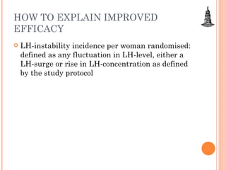 HOW TO EXPLAIN IMPROVED EFFICACY LH-instability incidence per woman randomised: defined as any fluctuation in LH-level, either a LH-surge or rise in LH-concentration as defined by the study protocol 