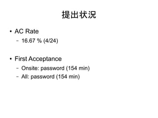 ״r
   AC Rate
    C   16.67 % (4/24)


   First Acceptance
    C   Onsite: password (154 min)
    C   All: password (154 min)
 