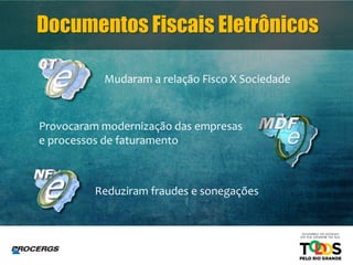 Provocaram modernização das empresas
e processos de faturamento
Reduziram fraudes e sonegações
Mudaram a relação Fisco X Sociedade
Documentos Fiscais Eletrônicos
 