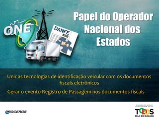 Papel do Operador
Nacional dos
Estados
Unir as tecnologias de identificação veicular com os documentos
fiscais eletrônicos
Gerar o evento Registro de Passagem nos documentos fiscais
 