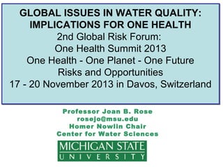 GLOBAL ISSUES IN WATER QUALITY:
IMPLICATIONS FOR ONE HEALTH
2nd Global Risk Forum:
One Health Summit 2013
One Health - One Planet - One Future
Risks and Opportunities
17 - 20 November 2013 in Davos, Switzerland
Professor Joan B. Rose
rosejo@msu.edu
Homer Nowlin Chair
Center for Water Sciences

 
