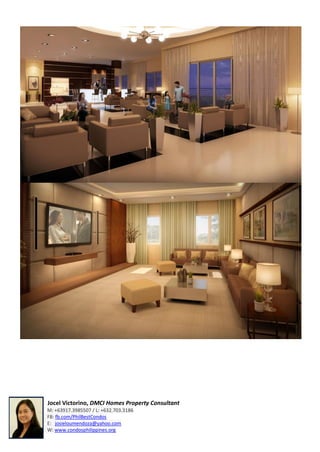 Jocel Victorino, DMCI Homes Property Consultant
M: +63917.3985507 / L: +632.703.3186
FB: fb.com/PhilBestCondos
E: josieloumendoza@yahoo.com
W: www.condosphilippines.org
 